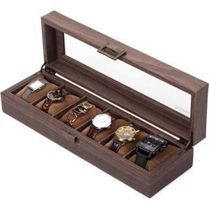6 Slot PU Leather Watch Box Organizer Watch Case with Glass Top Luxury Watch Box